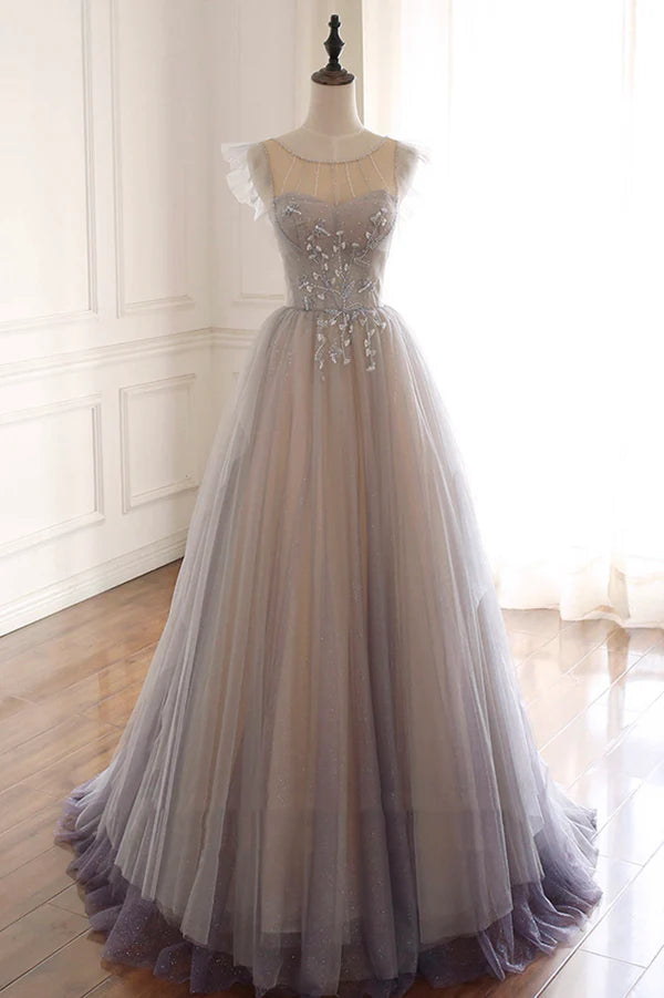 A-Line Scoop Neckline Tulle Long Prom Dress with Beaded Evening Party Dress